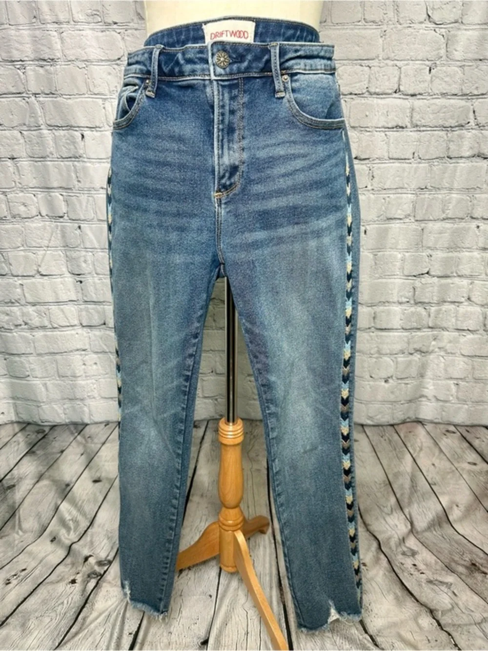 Driftwood High Rise Straight Leg Jeans Blue Chevron Side Stripe Women's 30